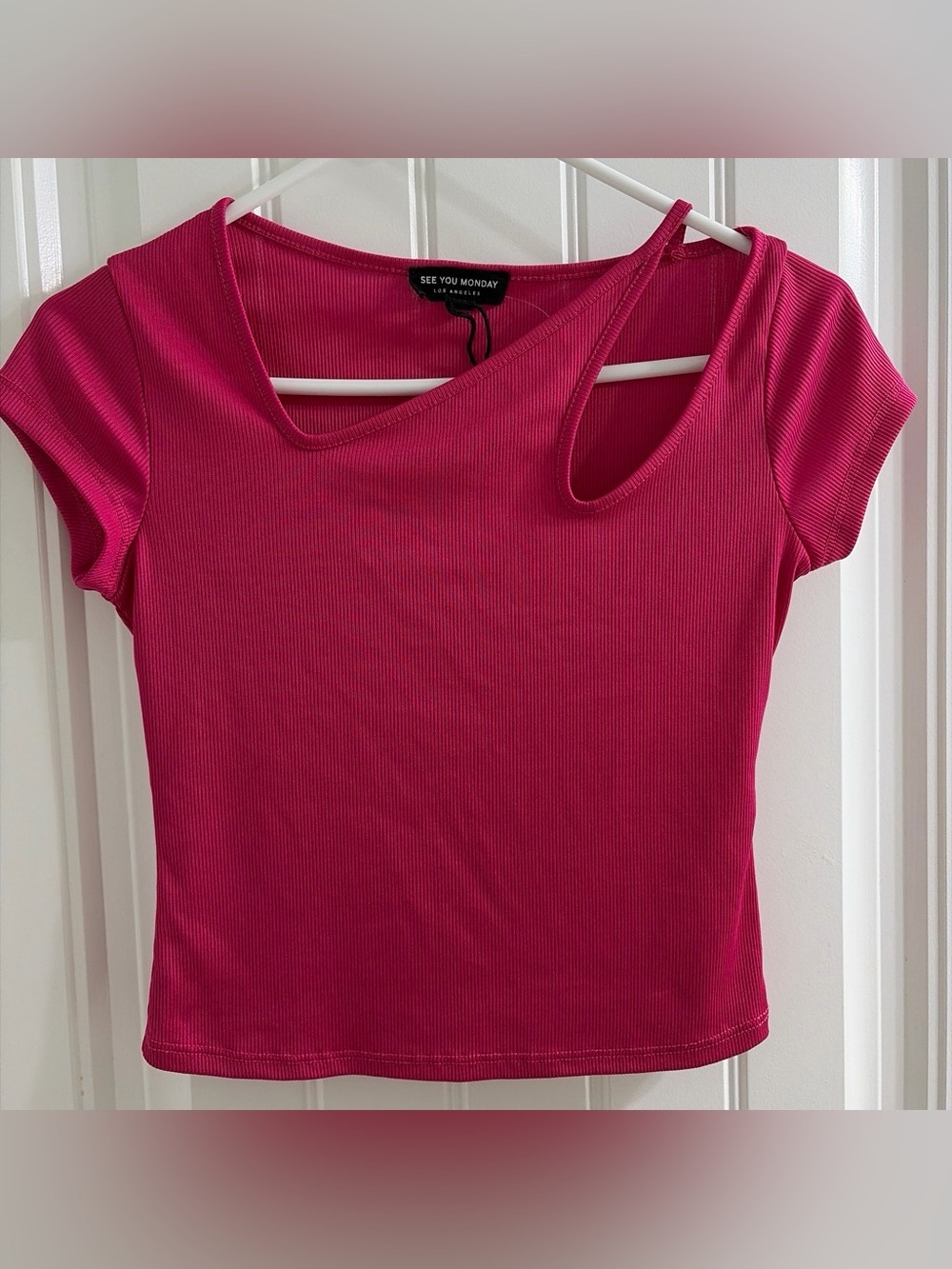 See You Monday Hot Pink Ribbed Asymmetric Cutout Crop Top M Y2K Style Barbiecore